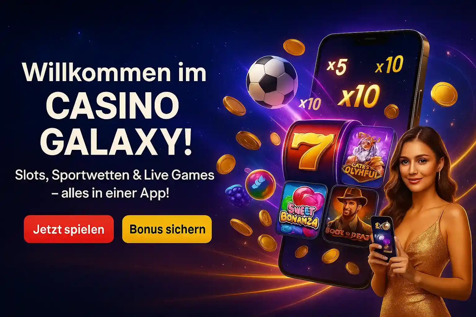 Willkommen im Casino Galaxy! Eine Frau zeigt die mobile App mit Top-Slots wie Gates of Olympus und Sweet Bonanza, Sportwetten und Live Games – alles an einem Ort.