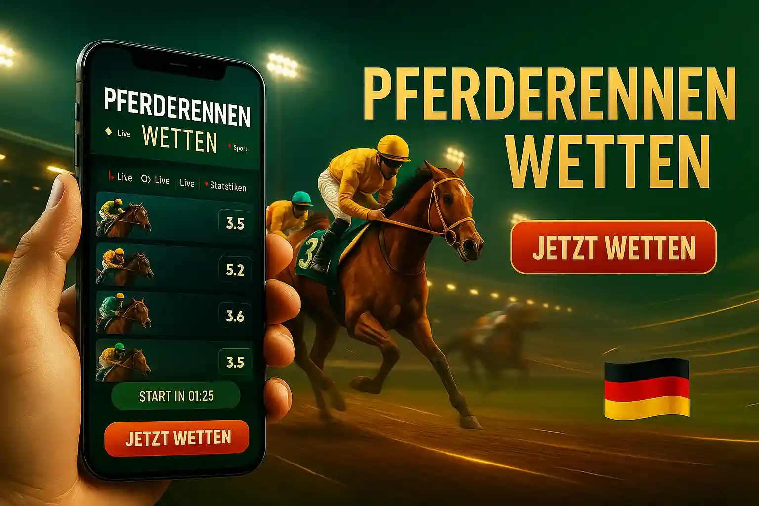 Platzieren Sie Ihre Wetten auf Pferderennen bei Casino Galaxy. Ein Smartphone zeigt die Live-Quoten, während Jockeys auf der Rennstrecke um den Sieg kämpfen.