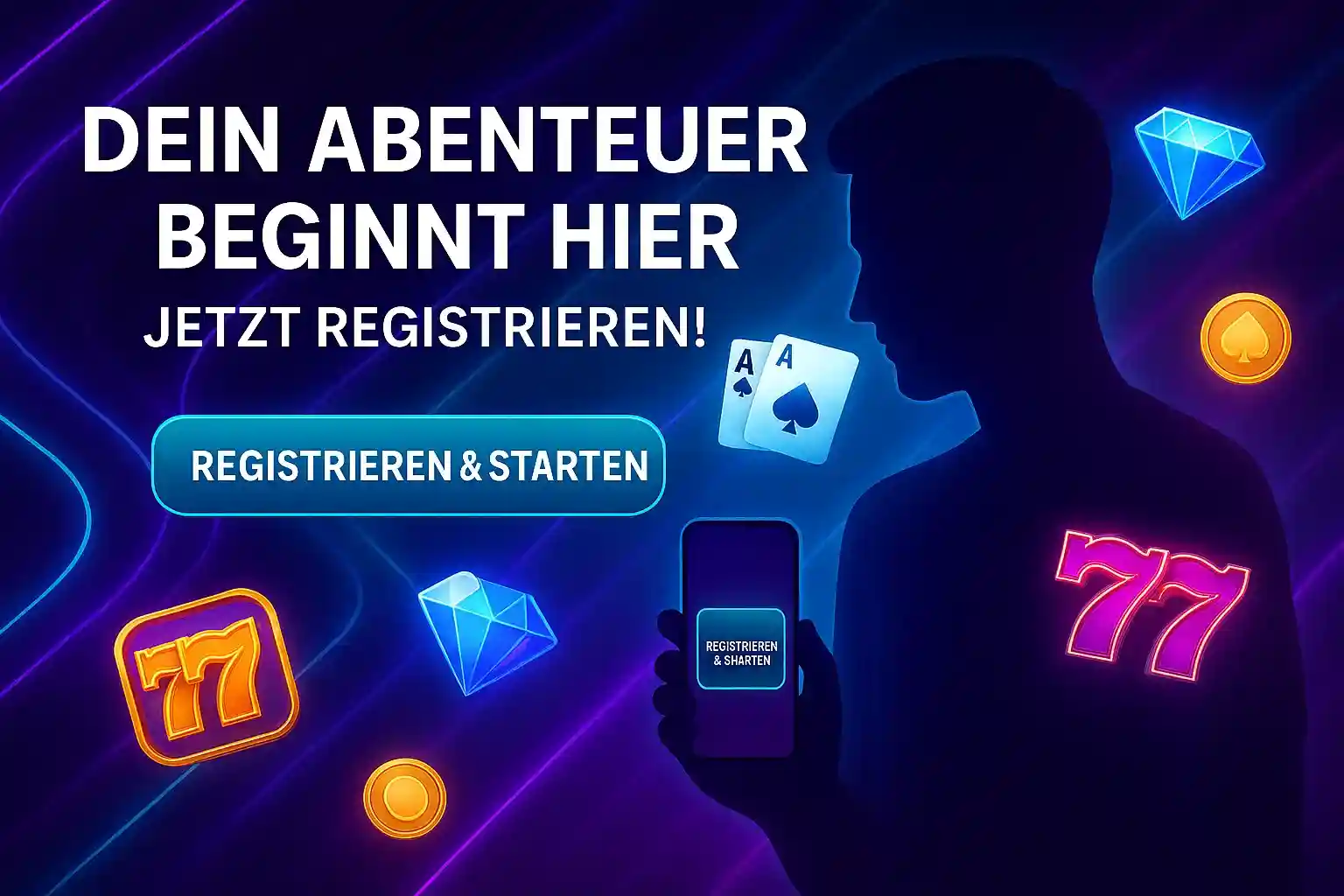 Dein Abenteuer beginnt hier bei Bizzo Casino. Die Silhouette eines Spielers, umgeben von Casino-Symbolen wie 777 und Spielkarten. Jetzt registrieren und starten!