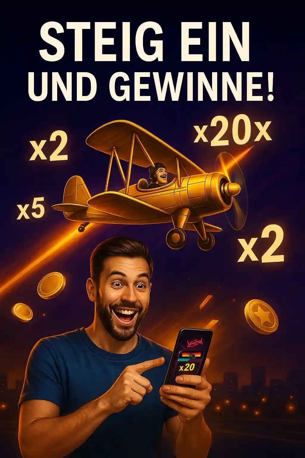 Ein aufgeregter Mann feiert einen 20x Gewinn im Aviator-Spiel im Bizzo Casino und zeigt auf sein Handy. Steig ein und gewinne mit hohen Multiplikatoren!