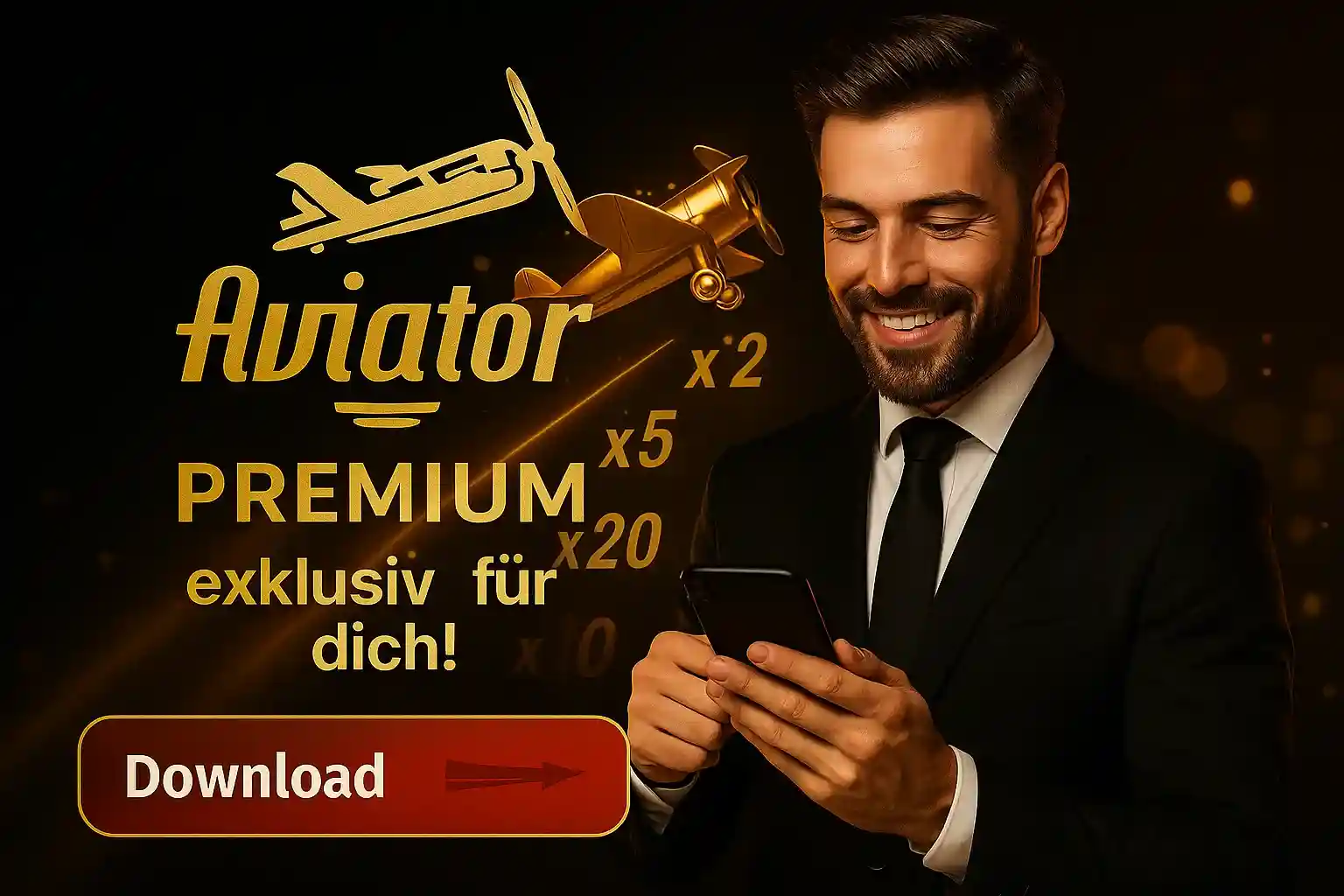 Ein Mann im Anzug genießt das exklusive Premium-Erlebnis des Aviator-Spiels im Bizzo Casino auf seinem Smartphone. Jetzt herunterladen und abheben!