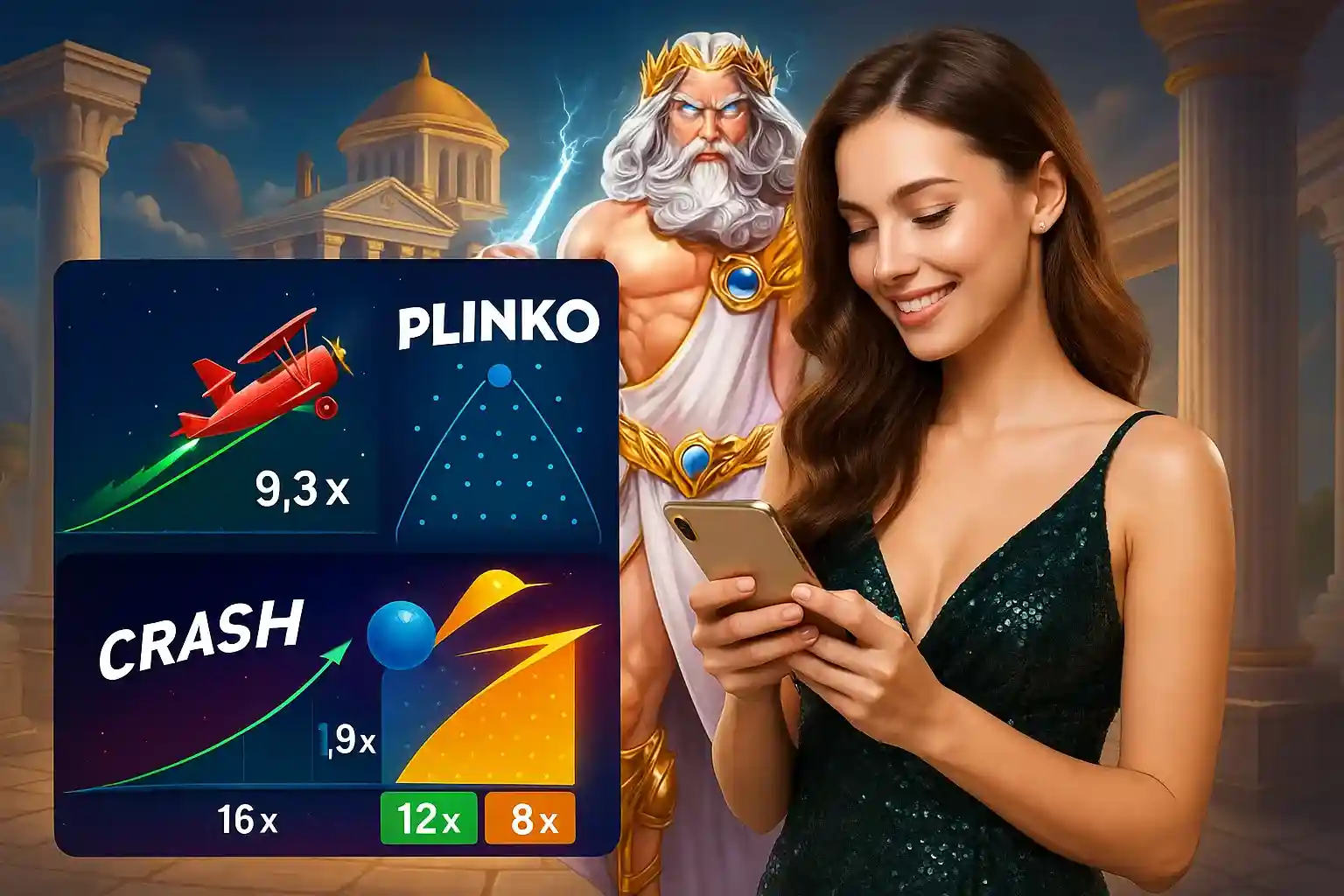 Eine Frau genießt die spannenden Spiele Plinko und Crash im Bizzo Casino auf ihrem Smartphone, während der mächtige Zeus im Hintergrund wacht.