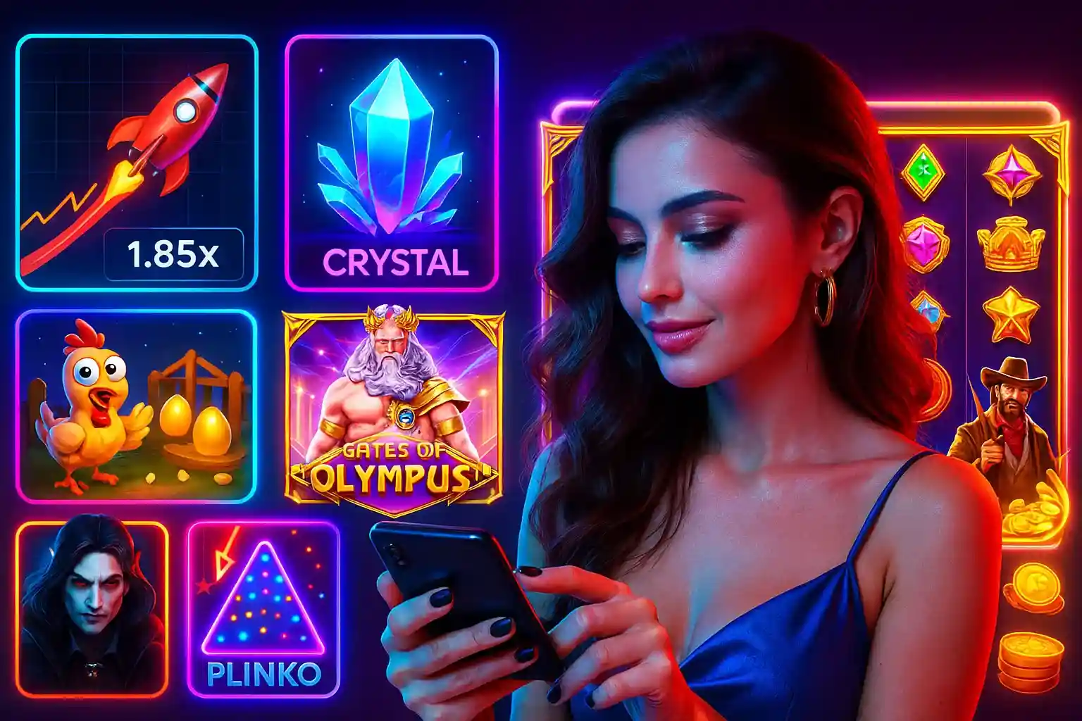 Eine Frau erkundet die riesige Spielauswahl im Bizzo Casino auf ihrem Smartphone, darunter Top-Titel wie Crystal, Gates of Olympus, Plinko und Crash-Spiele.
