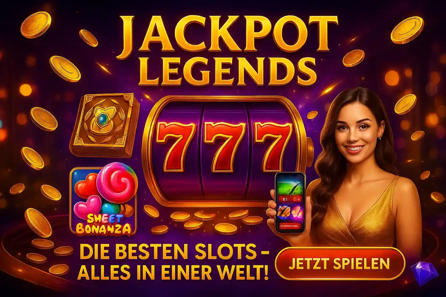 Erleben Sie Jackpot Legends im Bizzo Casino. Eine Frau präsentiert die besten Slots wie Sweet Bonanza – alles in einer Welt für maximale Spielunterhaltung.