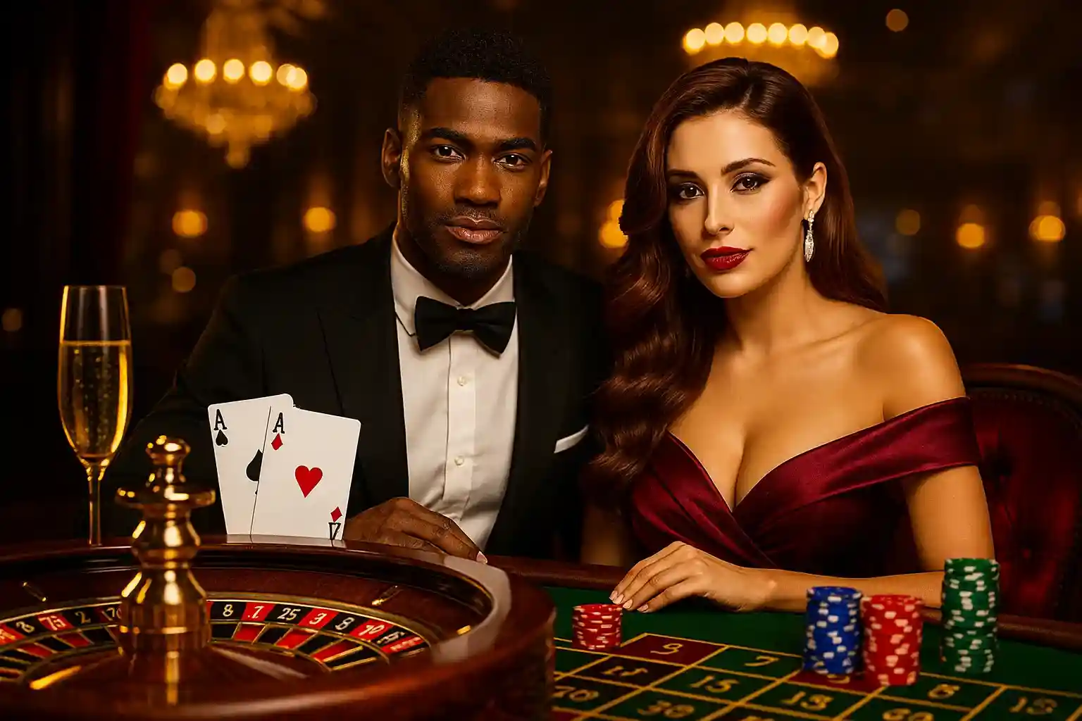 Ein elegantes Paar genießt das luxuriöse Ambiente am Roulettetisch im Bizzo Live Casino und hält zwei Asse für ein erstklassiges Spielerlebnis in der Hand.