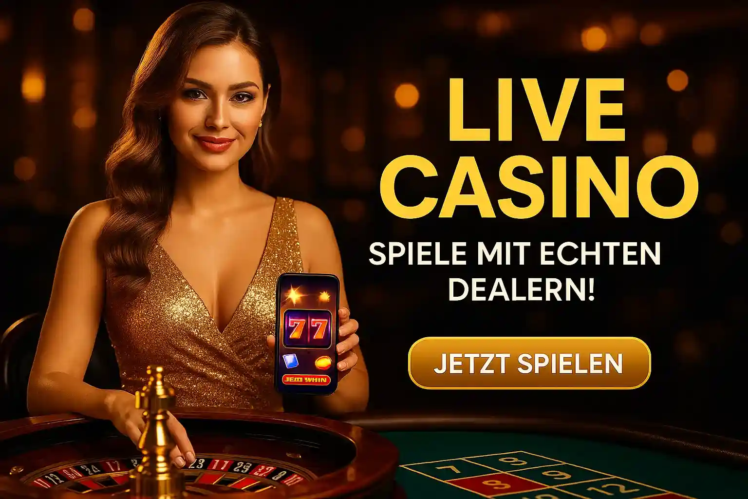 Tauchen Sie ein ins Bizzo Live Casino und spielen Sie mit echten Dealern. Eine Frau am Roulettetisch zeigt die mobile App mit spannenden Casino-Spielen.