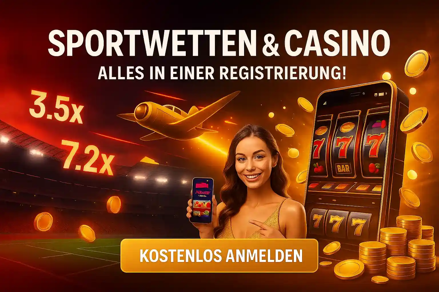 Erleben Sie Sportwetten und Casino-Spiele mit nur einer Registrierung im Bizzo Casino. Eine Frau zeigt die App vor einem Stadionhintergrund. Jetzt kostenlos anmelden!
