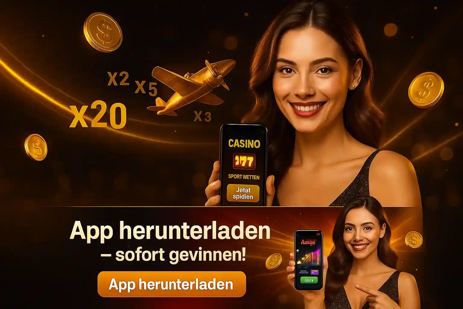 Eine Frau zeigt die Bizzo Casino App, mit der Sie sofort gewinnen können. Laden Sie die App für Casino-Spiele wie Aviator und Sportwetten herunter.