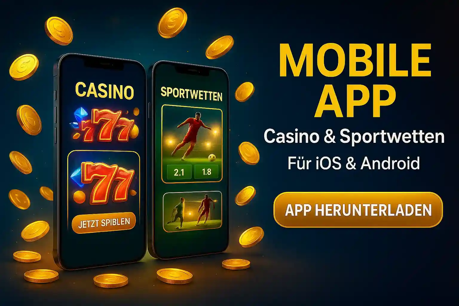 Die mobile Bizzo Casino App, verfügbar für iOS & Android. Zwei Smartphones zeigen die Benutzeroberfläche für Casino-Slots und Sportwetten. Jetzt herunterladen.