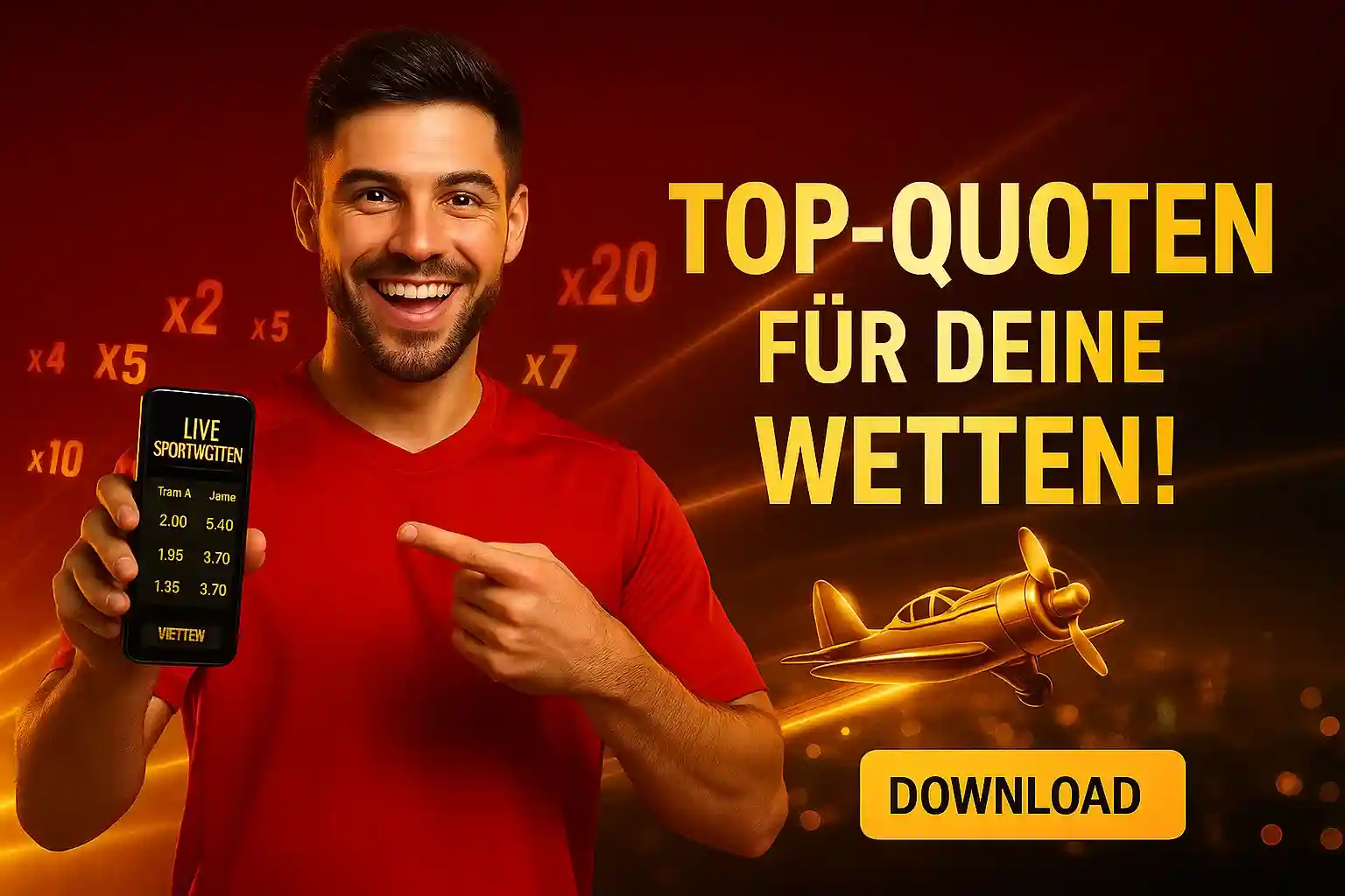 Ein Mann präsentiert die Top-Quoten für deine Wetten in der Bizzo Casino App. Profitiere von den besten Live-Sportwetten-Quoten und spiele Aviator.