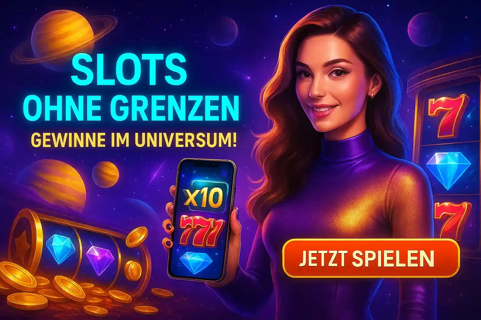 Entdecken Sie Slots ohne Grenzen im Bizzo Casino. Eine Frau im futuristischen Look zeigt einen großen Gewinn im Universum der Spielautomaten. Jetzt spielen!