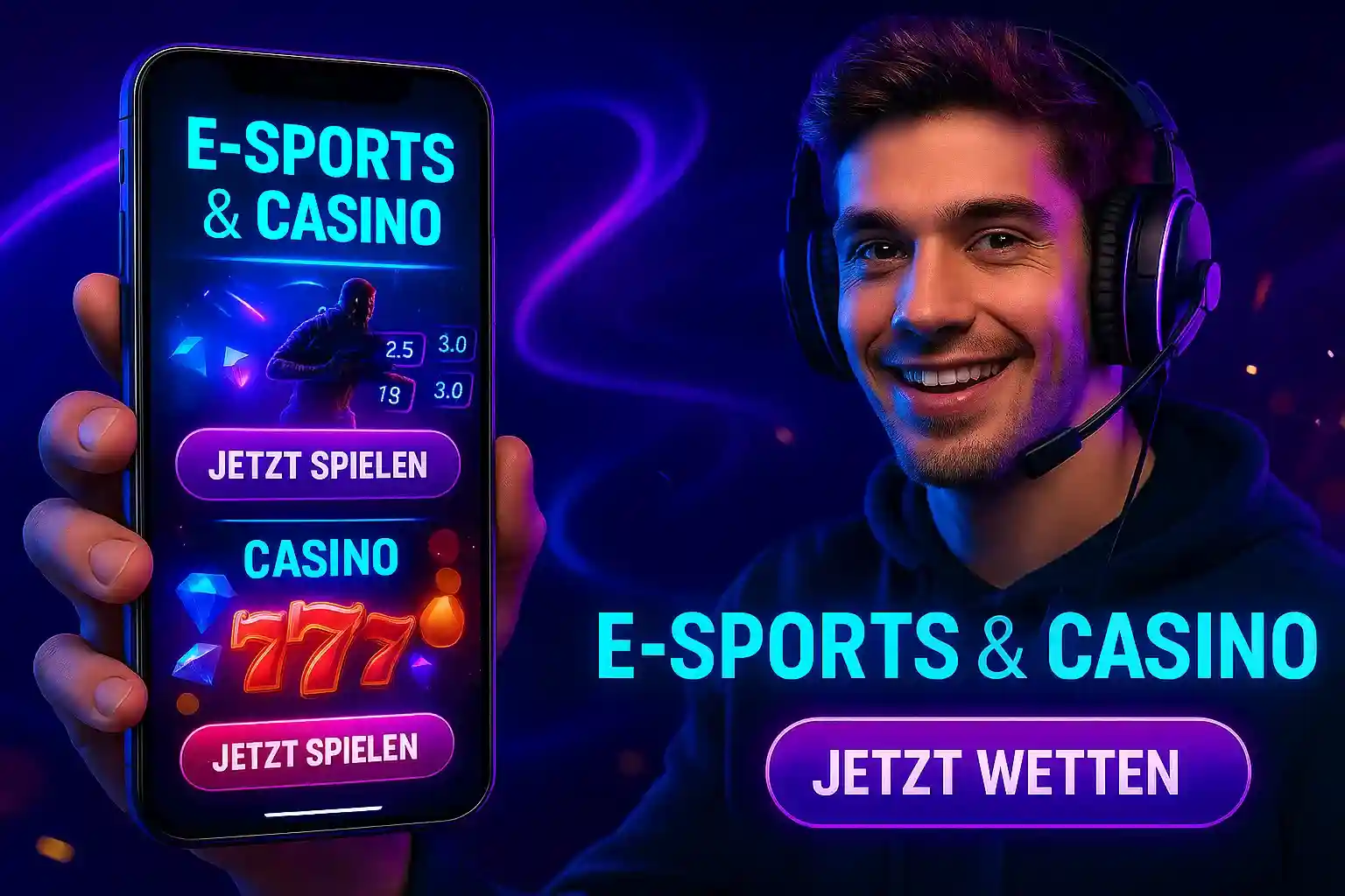 Ein begeisterter Gamer mit Headset zeigt die Bizzo Casino App, die E-Sports-Wetten und klassische Casino-Spiele wie Slots kombiniert. Jetzt wetten und spielen!
