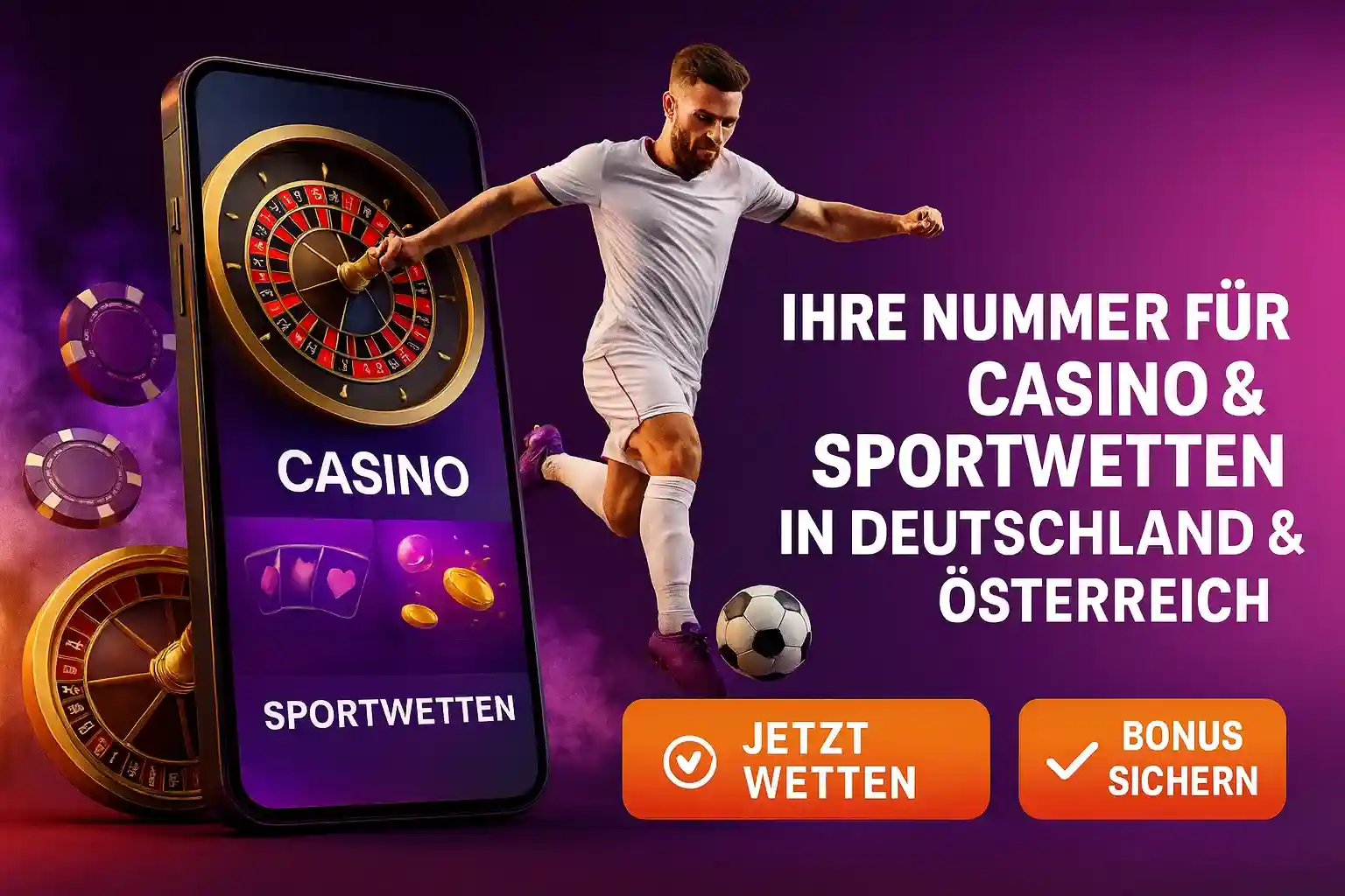 Ein Fußballer in Aktion neben einem Smartphone, das die Bizzo Casino App zeigt - Ihre Nummer eins für Casino und Sportwetten in Deutschland und Österreich. Jetzt wetten!