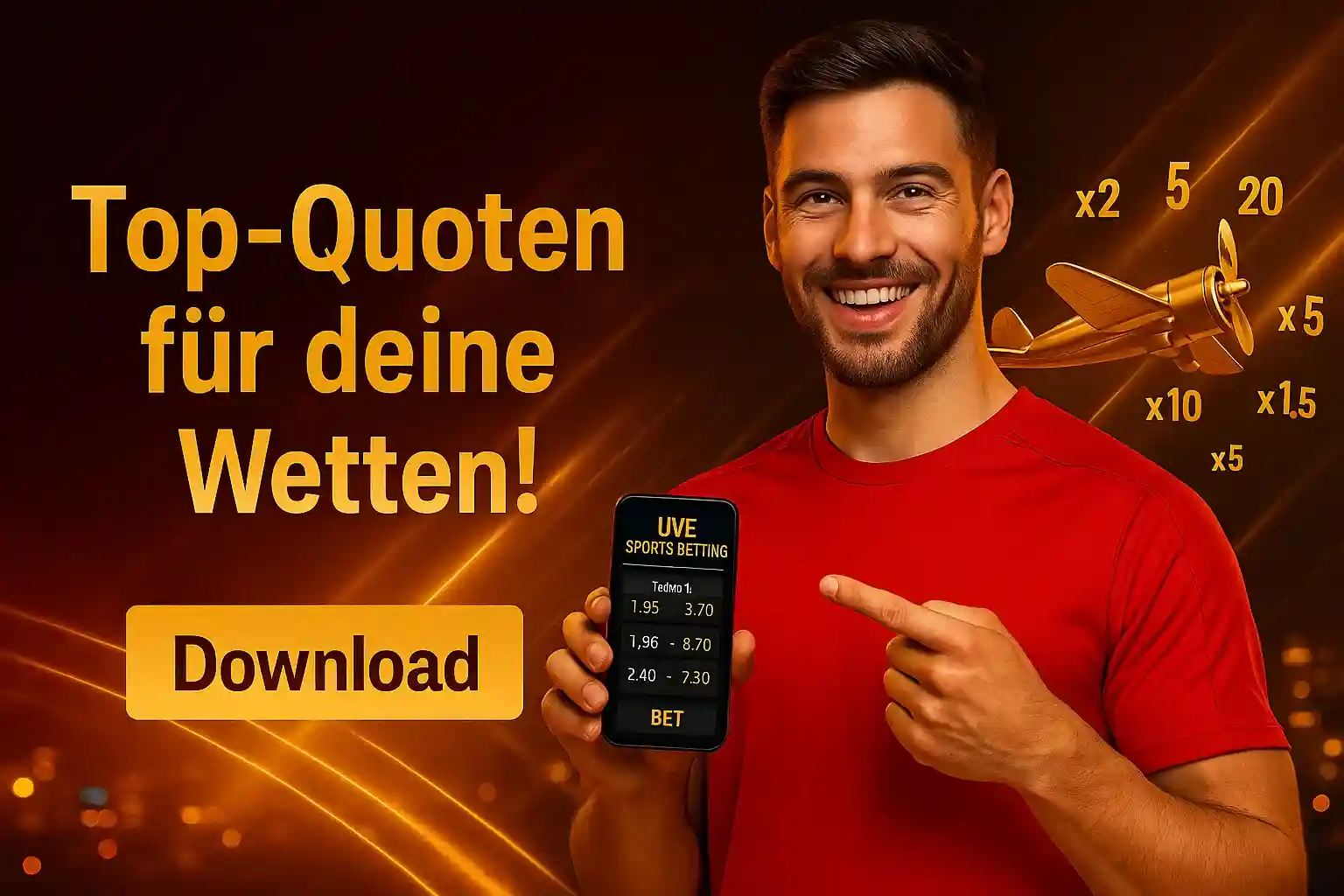 Ein Mann zeigt die Bizzo Casino App mit Top-Quoten für Live-Sportwetten. Im Hintergrund fliegt das Aviator-Flugzeug. Lade die App herunter und platziere deine Wetten!