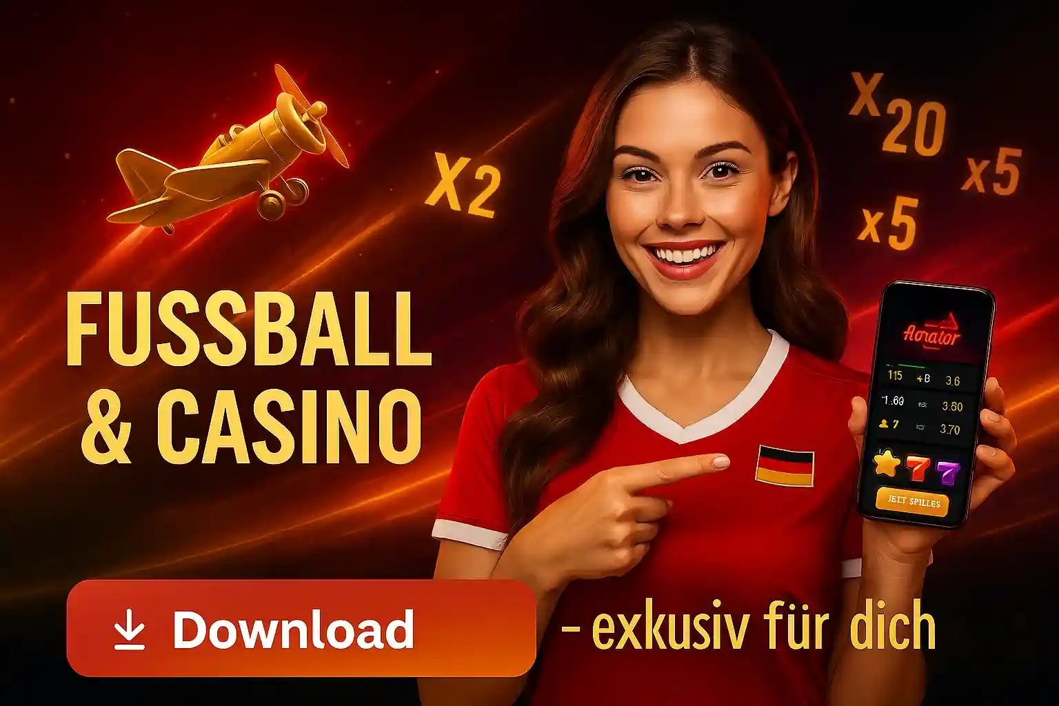 Eine lächelnde Frau im deutschen Trikot zeigt die Bizzo Casino App, die Fußballwetten und das beliebte Aviator-Spiel exklusiv für dich kombiniert.