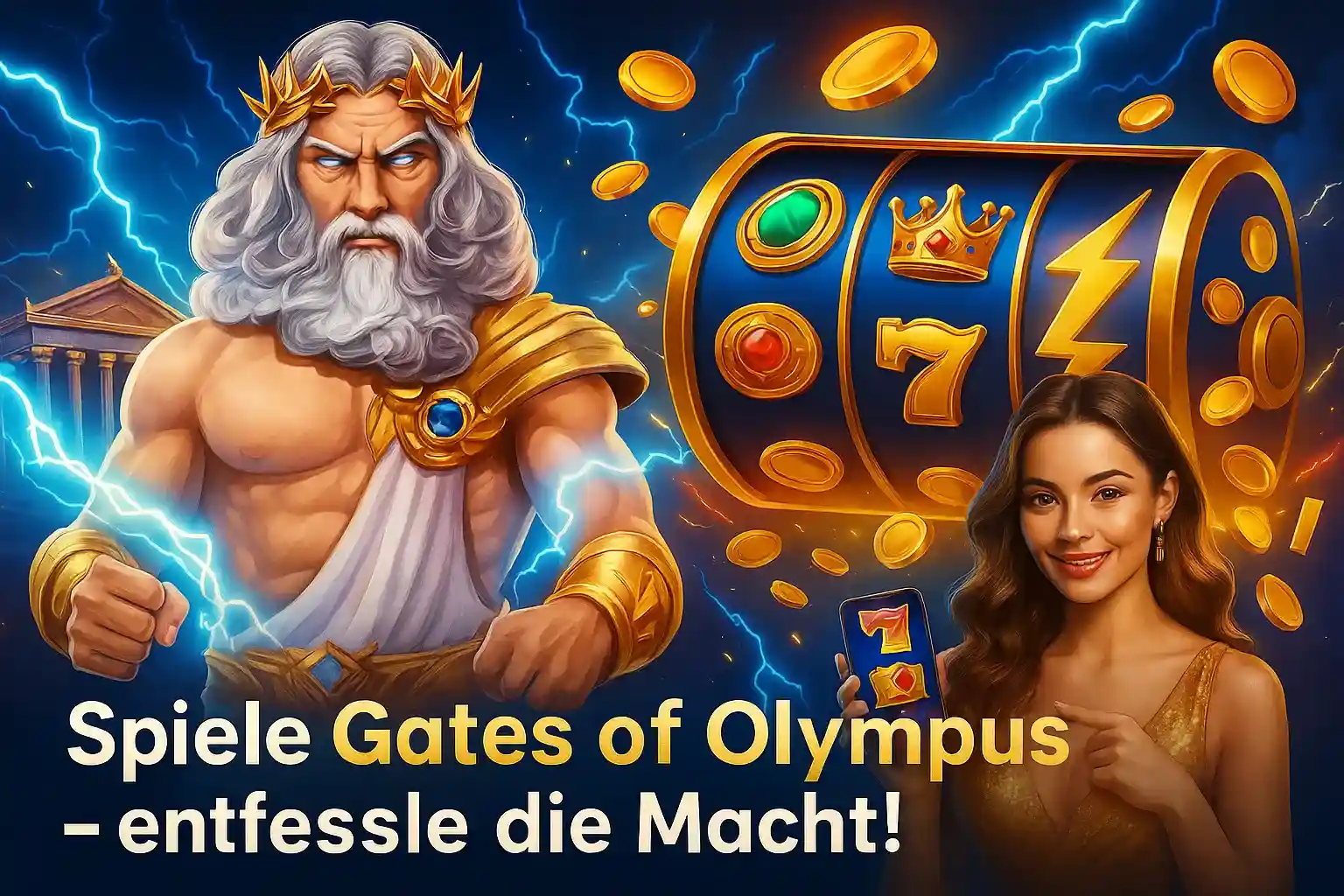 Der mächtige Zeus neben dem Spielautomaten Gates of Olympus im Bizzo Casino. Eine Frau spielt auf ihrem Handy, um die Macht der Götter zu entfesseln und zu gewinnen.